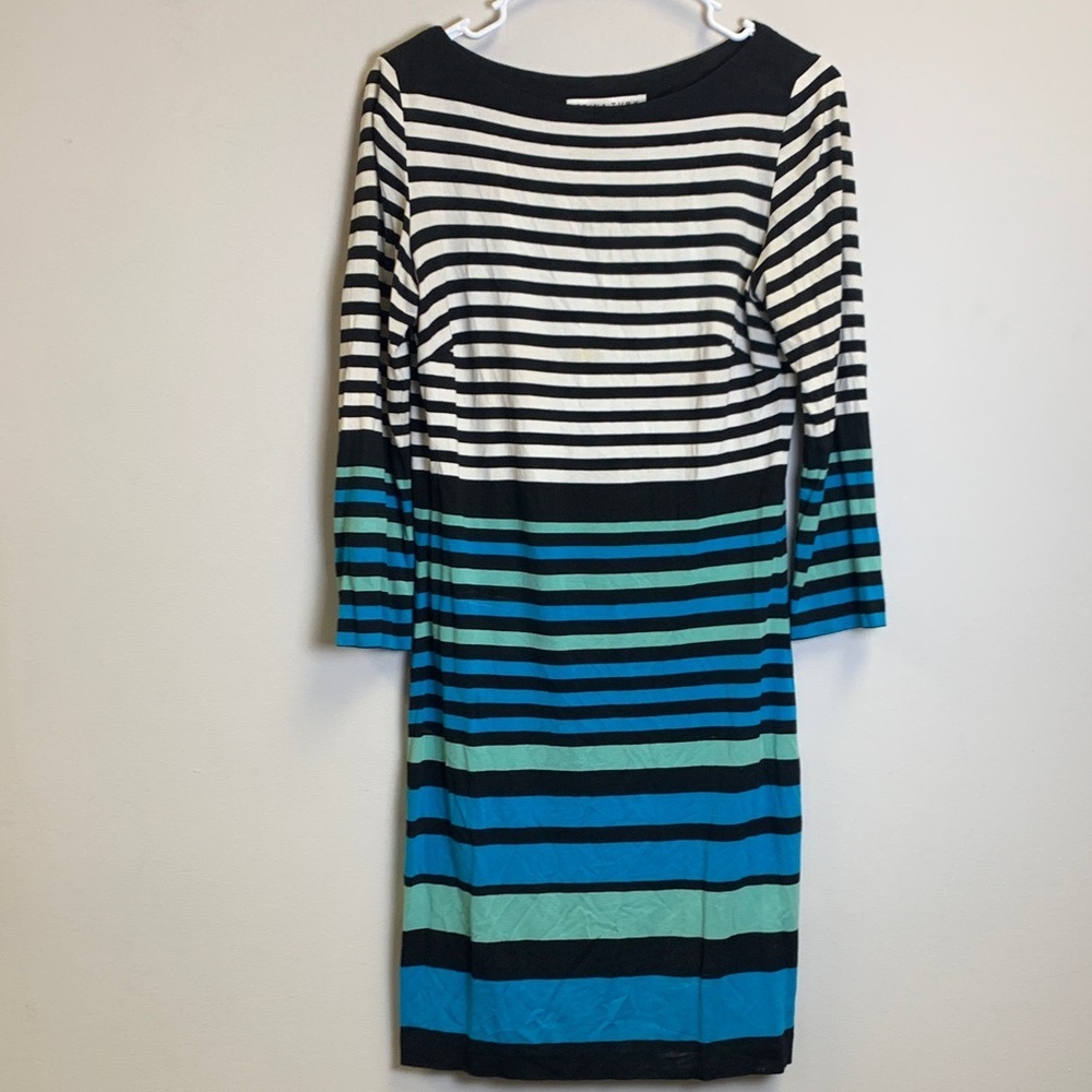 Trina Turk Black, White, and Blue Striped Long Sleeve Dress